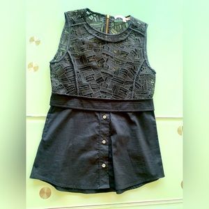 Gorgeous Black Veronica Beard Sleeveless Lace & Button down Top Back Zipper
